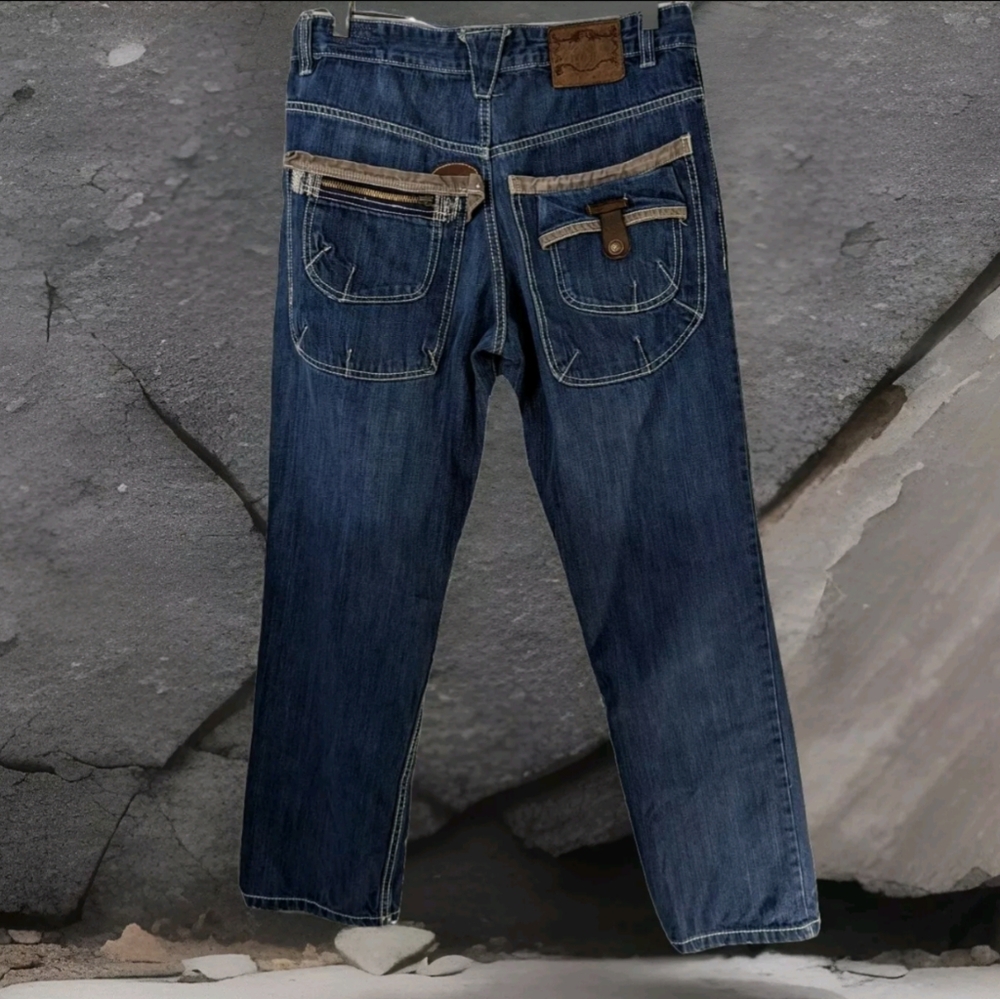 Smoke Rise Jeans 34 Vtg Distressed Embellished Pockets Streetwear Blue Straight